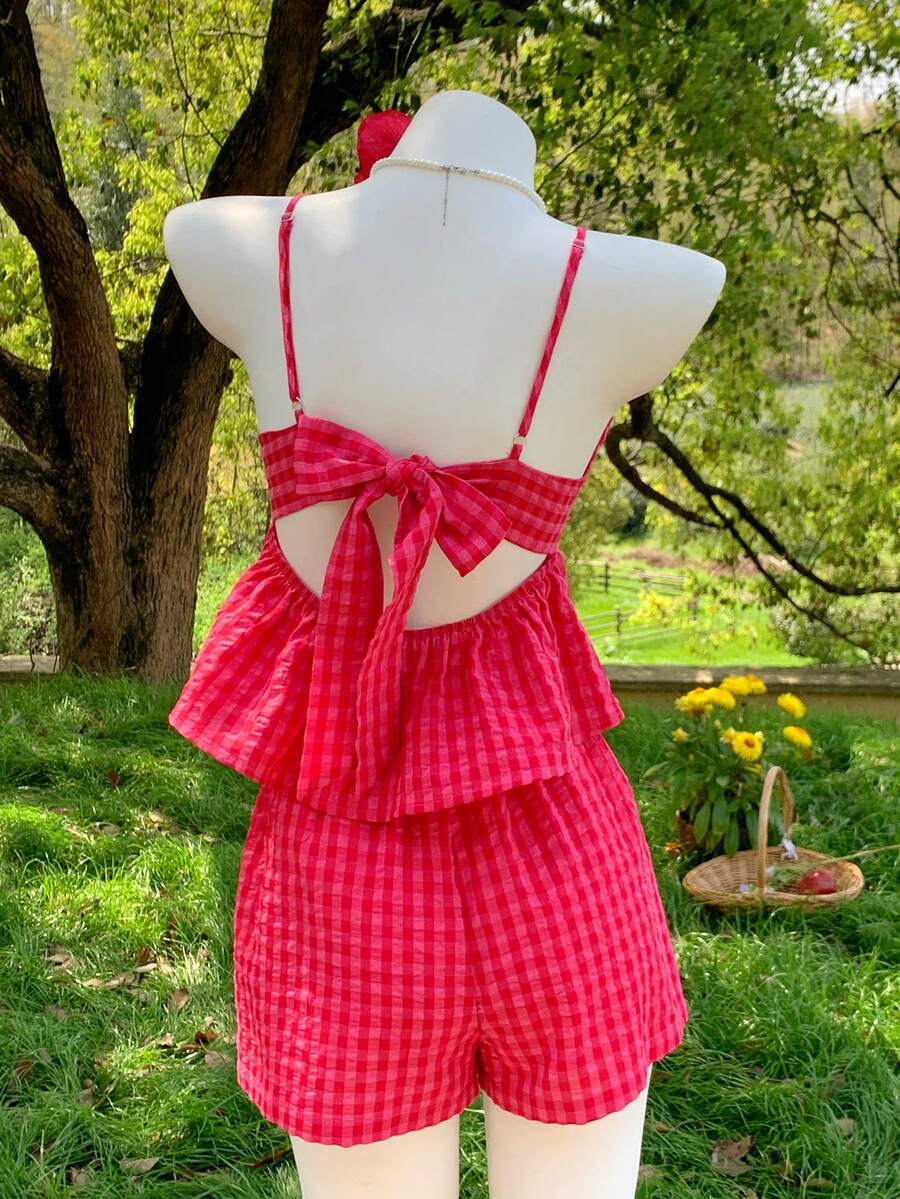 SHEIN Comfortcana 女士红色格子吊带背心和短裤两件套 - 紅色 - 查看 1