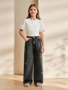 Anewsta Quần jeans ống đứng màu đen đính đá lấp lánh dành cho bé gái, kiểu dáng đi nghỉ mát. - màu đen - Xem 4