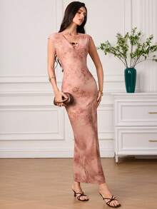 EastFlair New Chinese Style Pink Flocked Dress - Dusty Pink - View 3