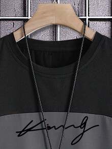 Manfinity Homme 2pcs/Set Plus Size Men's Contrast Color Letter Print Round Neck Short Sleeve T-Shirt And Shorts - Multicolor - View 3
