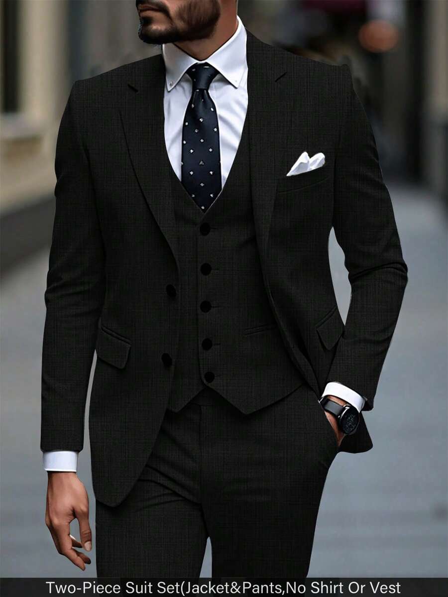 Manfinity Mode Conjunto de Blazer y Pantalones de unicolor con Patchwork, Botones Delanteros y Manga Larga para Hombre, Blazer de Solapa Relajada con Bolsillo Oblicuo, Traje Formal para Boda y Ceremonia - Negro - Ver 1