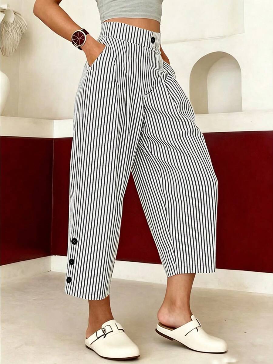 EMERY ROSE Women's Casual Daily Button Decorated Black And White Striped Pants - Black and White - View 1