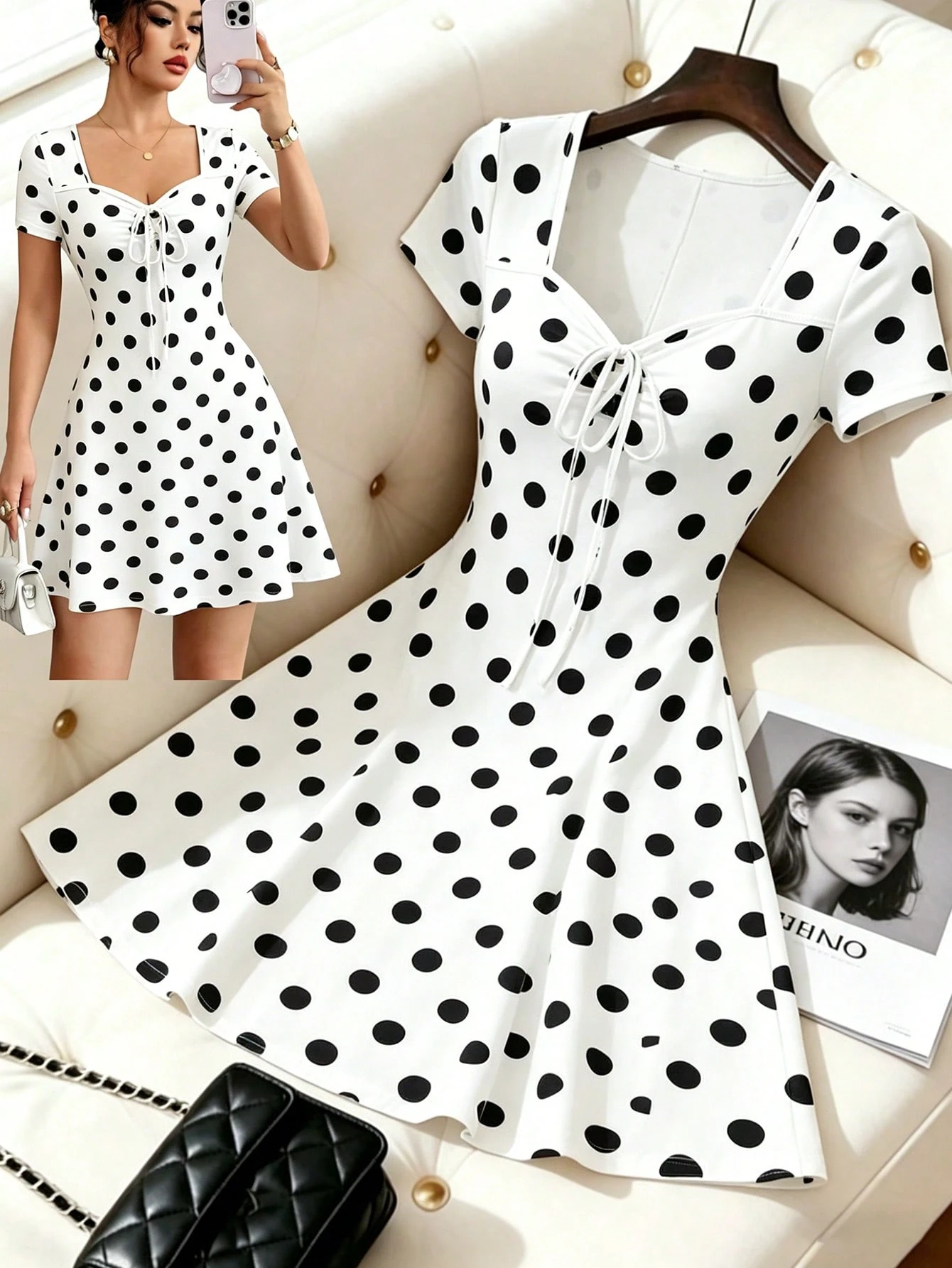 Elenzga Summer New Square Neck Drawstring Polka Dot Dress, Waist Cinched Flared