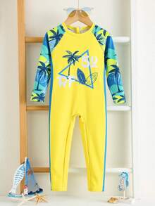 SHEIN Unisex Boy/Girl Palm Tree Pattern Long Sleeve & Pants Rash Guard Swimsuit,Sun Protection Surfing Swimwear,Summer Beach Holiday Fashion Vacation Style - Green - View 3
