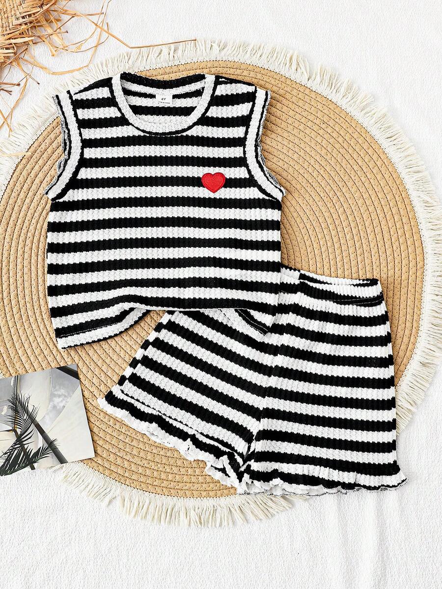 SHEIN Vintaside Kids 2件套女童条纹爱心贴布针织提花宽松背心短裤套装，适合休闲、度假、运动、夏季穿着 - 彩色 - 查看 1