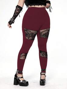 Whyspr Plus Size Contrast Color Punk Goth Style Versatile Hollow Lace Patchwork Elastic Leggings - Burgundy - View 5