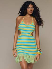 MUSERA Đầm ngắn ôm sát kẻ sọc, đan móc, đính cườm và tua rua, thích hợp cho kỳ nghỉ hè, lễ hội, tiệc tùng, bãi biển, lễ hội hóa trang. - Nhiều màu - Xem 5