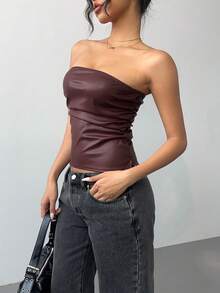 Siren Gaze Top de Couro Feminina da Moda com Franzido e Bainha Assimétrica, Adequada para Sair e Festas, Conjunto Feminino de Ano Novo - Violeta - Visão 5