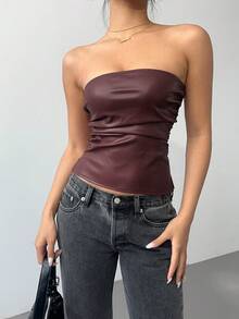 Siren Gaze Top de Couro Feminina da Moda com Franzido e Bainha Assimétrica, Adequada para Sair e Festas, Conjunto Feminino de Ano Novo - Violeta - Visão 7