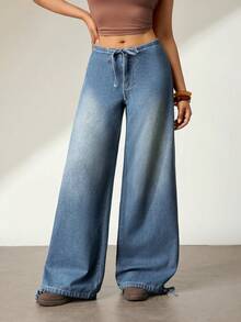 Flexra Quần jeans ống rộng nữ, cạp chun, kiểu dáng thường ngày, đa năng, thích hợp mặc hàng ngày. - Rửa nhẹ - Xem 2