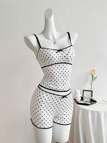SHEIN PETITE Ensemble 2 pièces pour femmes composé d'un débardeur romantique en dentelle à pois blancs pour le printemps/été et d'un short confortable avec garniture en dentelle - Blanc - Voir 4