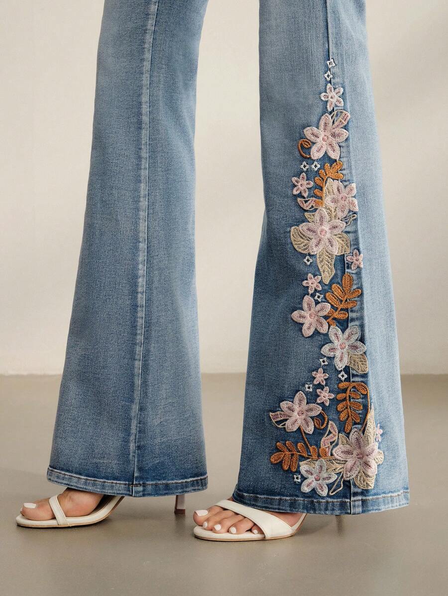 Anewsta Women's New Luxury Embroidered Vacation Style Blue Flared Jeans - Blue - View 1