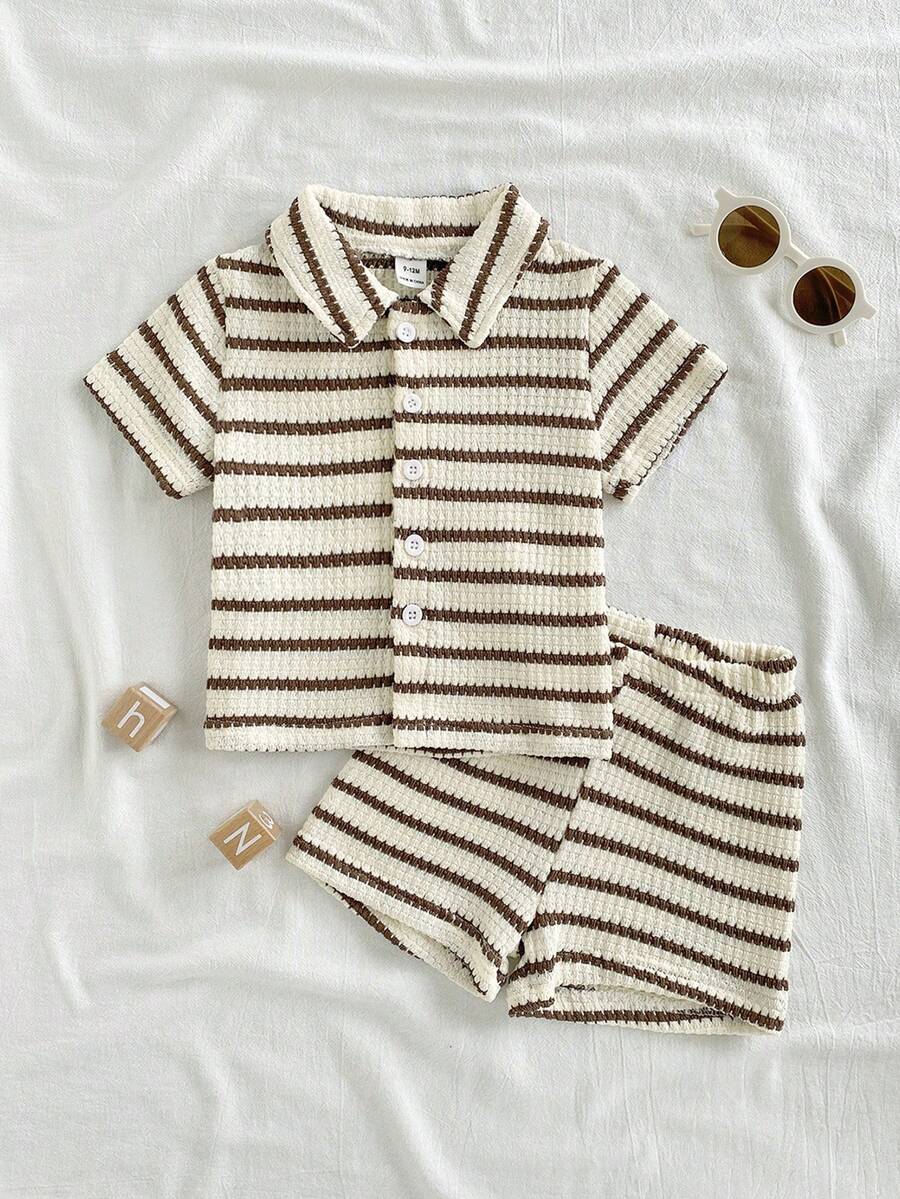 SHEIN Vintaside Kids 男女通用新生兒-1歲嬰兒男/女童套裝 藍白條紋夏季短袖襯衫與短褲套裝 紋理面料休閒度假穿搭 - 彩色 - 查看 1
