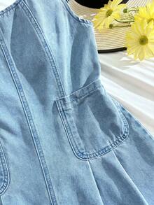 Comfortcana Bộ áo liền quần denim nữ kiểu dáng thường ngày với tay phồng và túi. - Rửa nhẹ - Xem 4