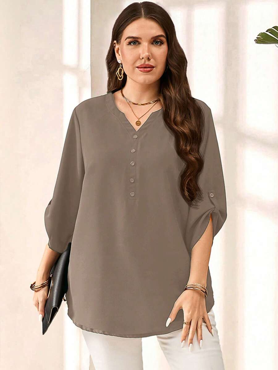 Miaspire Plus Size Women's Grey Autumn Smart Casual Everyday Loose Blouse,Solid Notched V Neck Roll Tab Sleeve Top For Summer Vacation Commute - Khaki - View 1