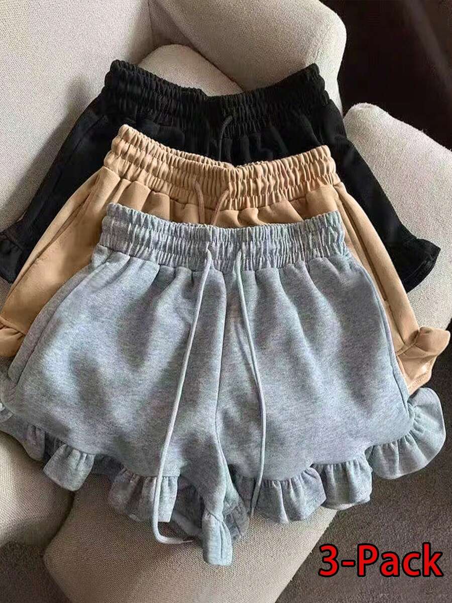 Resyla Women's Casual Solid Color Ruffle Hem Drawstring Shorts, Summer - Multicolor - View 1