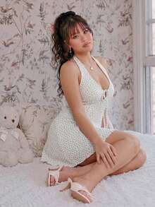 CovetEZ 度假风碎花露背吊带休闲加大码迷你连衣裙，春夏款 - 米色 - 查看 4