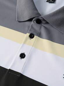 Manfinity Homme 男士字母圖案對比條紋短袖休閒通勤 Polo 衫，適合夏季日常與正式場合 - 彩色 - 查看 5