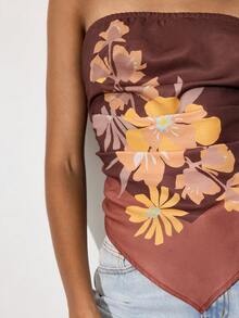 Maija Women's Floral Print Backless Tube Top, Boho Chic Tie-Front Strapless Graphic Top, Summer Vacation Holiday Beach, All Shades Of Brown, Festival - Multicolor - View 4