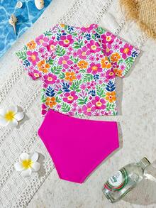 Conjunto de traje de baño de manga corta con estampado botánico para niña, ajuste casual para natación y vacaciones, traje de baño con flores, traje de baño para niñas, bikini para niña, traje de baño para niña - Rosa - Ver 3