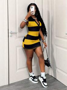 BamGleam Striped Contrast Color Sleeveless Polo Collar Bodycon Mini Dress, Casual Comfortable Stretchy Slimming Short Dress For Daily Wear - Yellow - View 5