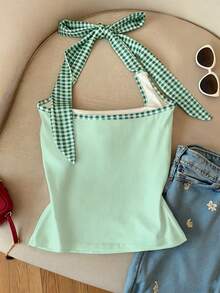 Franclia Women's Summer Beach Vacation Floral Patchwork Plaid Print Backless Tie Front Halter Top - Multicolor - View 2