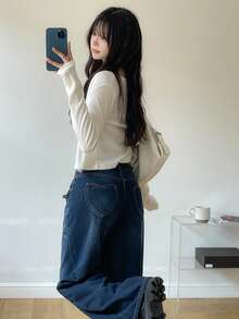DAZY Jeans de mezclilla lavada con dobladillo con volantes para mujer, estilo coreano casual y holgado - Azul - Ver 2