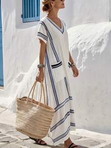 SHEIN Holidaya Women's Summer Blue And White Stripe V-Neck Cotton Dress,Casual Holiday Vacation Relaxed Fit Sleeveless Digital Print Woven Front Pocket Resort Wear - Multicolor - View 7