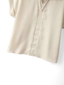 SHEIN Clasi Áo sơ mi nữ mùa hè thanh lịch bằng vải satin, cổ chữ V, không tay, thích hợp mặc hàng ngày. - Màu Khaki - Xem 6