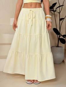 SHEIN PETITE Chân váy dài kẻ sọc màu vàng bơ, trang phục đi nghỉ mát cho nữ. - Màu vàng - Xem 6