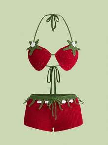 ROMWE Avant Women's Starfish Decor Backless Halter Crop Top And Shorts 2 Pieces Set - Red - View 5