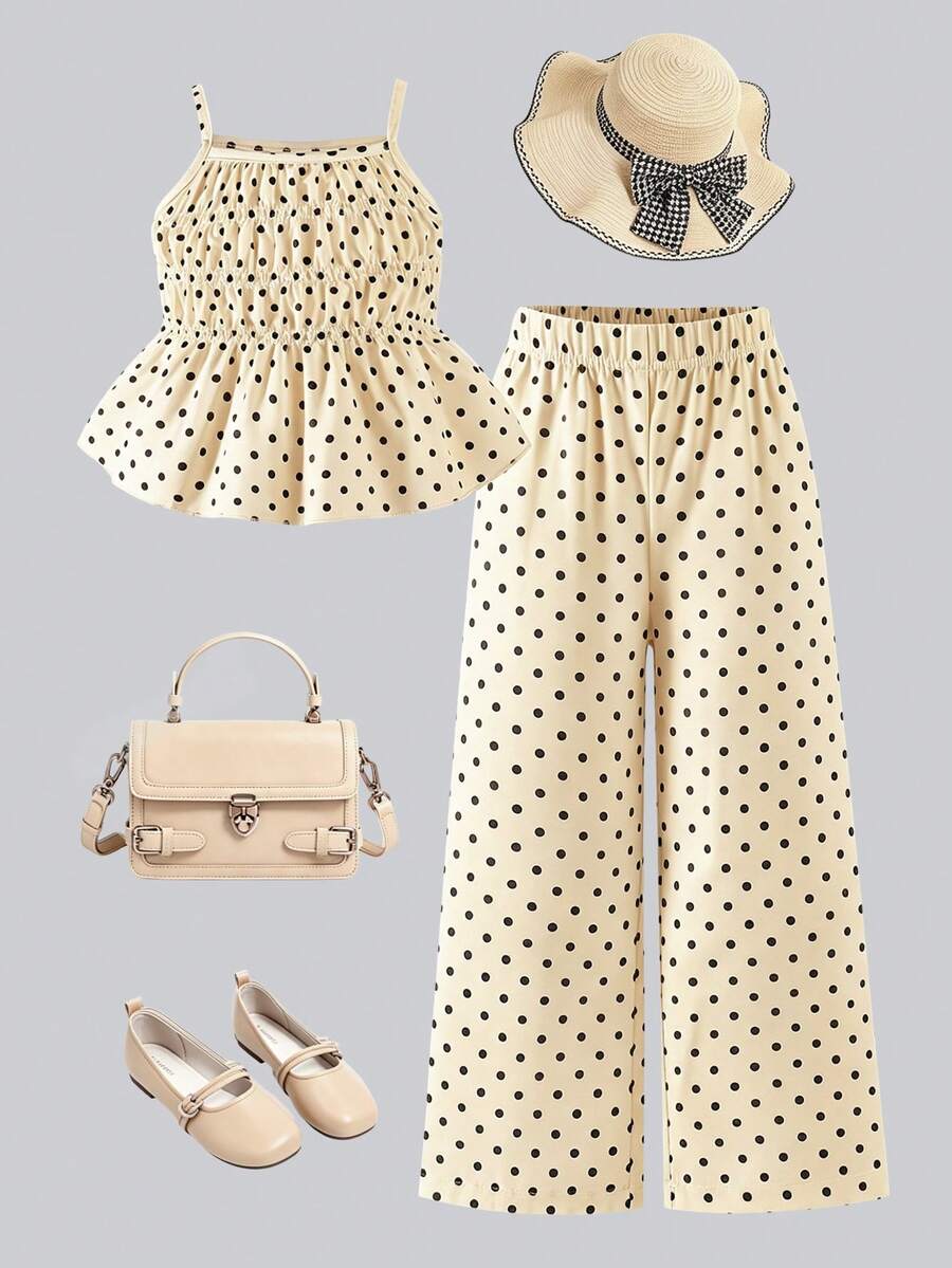 SHEIN Young Girl' Cute Polka Dot Print Camisole And Wide Leg Pants Set, Suitable For Vacation And Outdoor Activities - Khaki - View 1