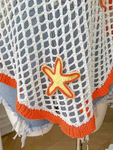 Comfortcana Plus Size Women's Summer Beach Holiday Vacation Holiday Starfish Trim Batwing Sleeve Hollow Loose Sweater White And Orange Boho - Beige - View 3