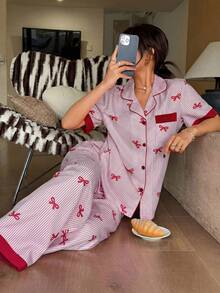 Napfluff Contrast Color Bow Striped Print Lapel Red Button Short Sleeve Top And Pants Sleepwear Set, Pink Striped Bow Print PJS, Suitable For Home Wear - Hot Pink - View 3
