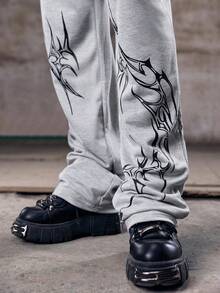 Skyrend Gothic Style Print Straight Leg Sweatpants, Loose Fit, Unisex, Streetwear Casual, Comfortable Sports Wear, Sweatpants, Casual Pants, Athletic Pantsemo - Light Grey - View 7