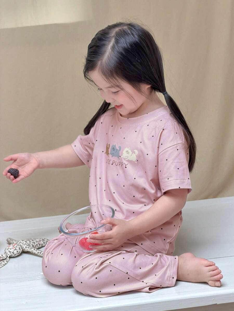 Young Girl Polka Dot Animal Print Short Sleeve Top And Casual Pants Pajama Set - Pink - View 1