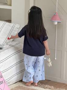 Young Girl Cute Cartoon Print Short Sleeve T-Shirt And Striped Pants Pajama Set, Summer - Navy Blue - View 8