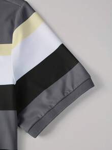 Manfinity Homme 男士字母圖案對比條紋短袖休閒通勤 Polo 衫，適合夏季日常與正式場合 - 彩色 - 查看 4