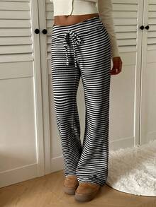 SHEIN EZwear Quần nữ cạp chun kẻ sọc, kiểu dáng thường ngày, đa năng. - Đen và trắng - Xem 4
