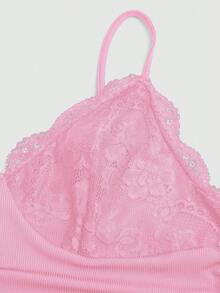 Sweetra CURVE Plus Size Women Lace Patchwork Ruffle Elegant Vintage Cute Bodycon Ruffle Camisole - Pink - View 5