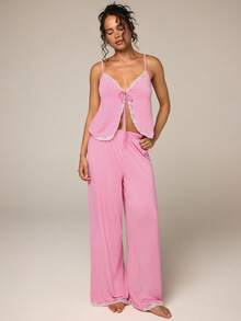 Athîral Women's Contrast Color Lace Trim Camisole & Pants Pajama Set - Pink - View 5