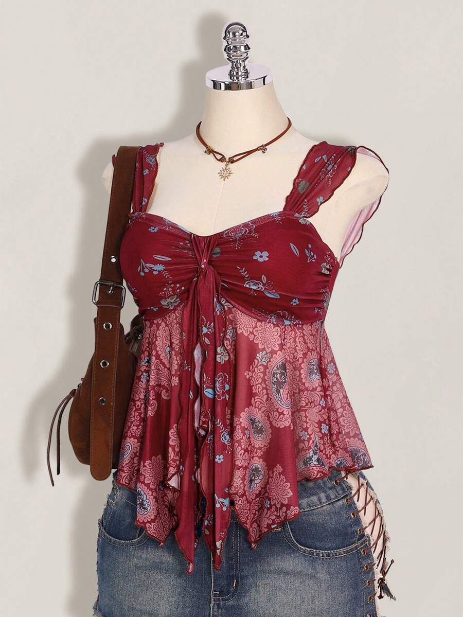 SHEIN ICON Women's Casual Floral Print Camisole - Burgundy - View 1