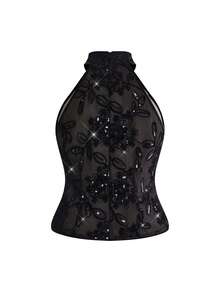 ROMWE Goth Plus Size Patchwork Embroidered Fitted Fashionable Camisole - Black - View 8