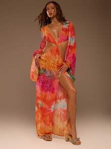MUSERA Đầm maxi cổ chữ V in họa tiết, chi tiết cắt xẻ, gợi cảm, dễ thương, phong cách boho, thích hợp cho kỳ nghỉ hè, đi biển hoặc lễ hội. - Nhiều màu - Xem 5