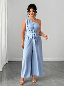 Elenzga Bộ jumpsuit nữ cỡ lớn cổ lệch, xếp ly, thắt eo, có túi, thoải mái cho các bữa tiệc. - Màu xanh lam - Xem 3
