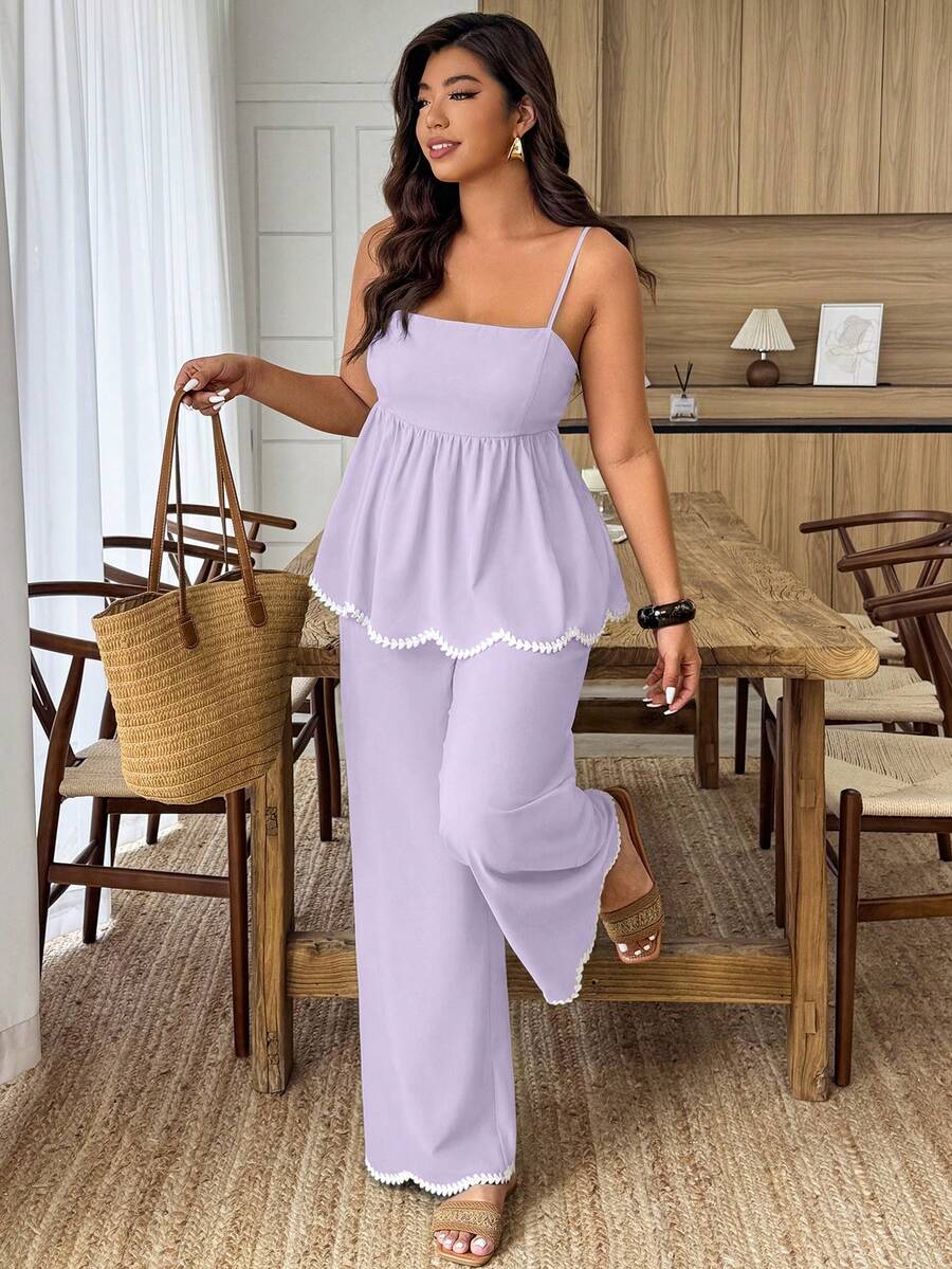 Weeklong Plus Size Women's 2 Pieces Wave Heart Ribbon Contrast Color Faux Linen Waist Casual Commuter Suit, Spring/Summer - Mauve Purple - View 1
