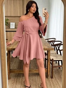 Weeklong Plus Size Women Asymmetric Ruffle Sleeve A-Line Casual Dress - Coral Pink - View 3
