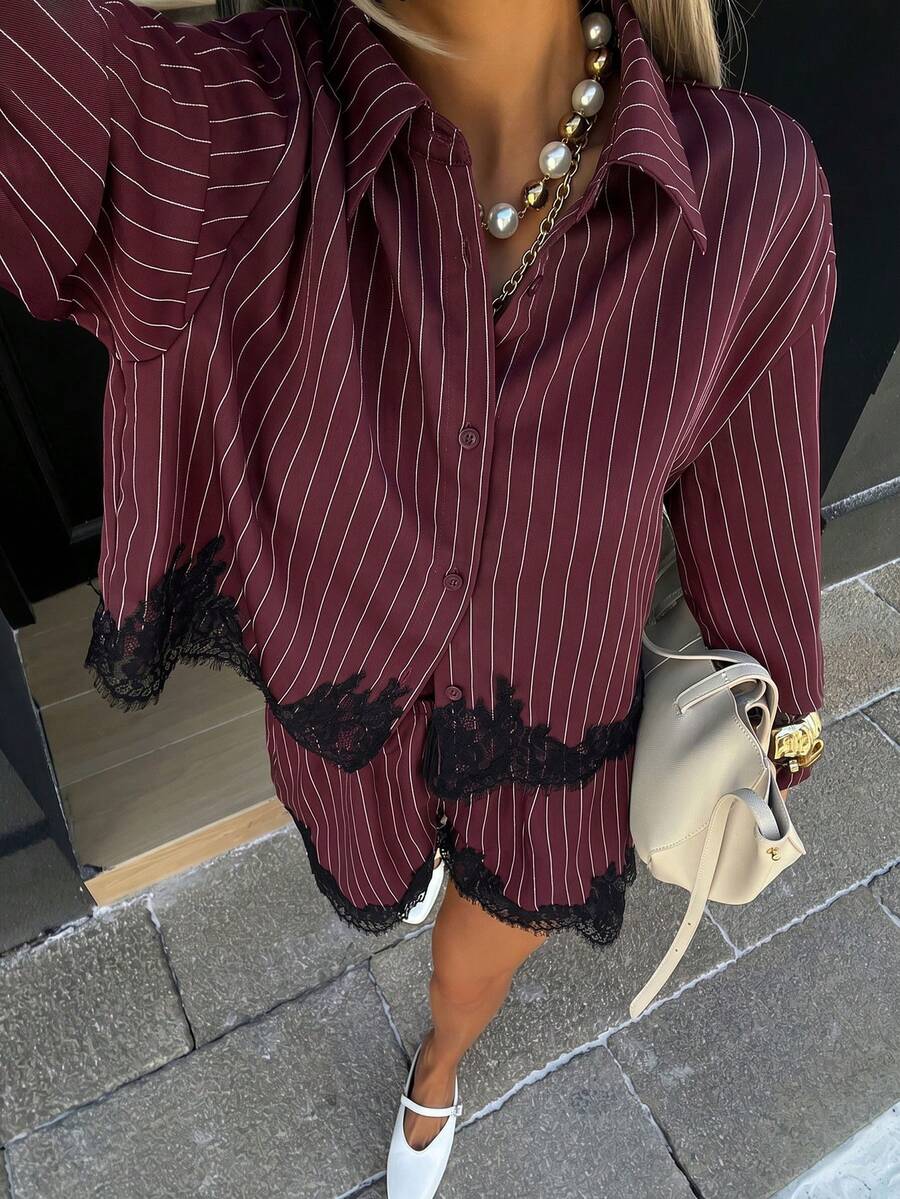 Siren Gaze 2pcs Striped Short Shirt And Shorts Set, Black Lace Decor Women 2-Piece Outfit - Burgundy - View 1