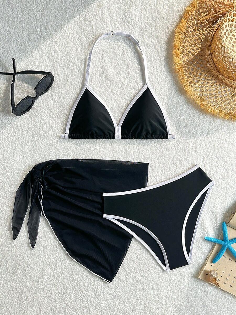 SHEIN 少女三件套比基尼，黑白撞色设计，高弹柔软面料，挂脖三角比基尼上衣和下装均带有网纱拼接，适合游泳、海滩、拍照、暑假、泳池派对等场合。 - 黑與白 - 查看 1