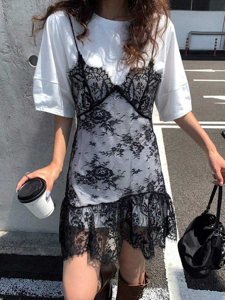 DAZY 女款蕾絲拼接無袖 2 合 1 短袖連身裙 夏日陽光裙 - 黑與白 - 查看 1